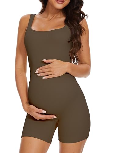 BDITANLE Schwangerschafts-Strampler für Schwangerschaft, Yoga, gerippt, einteilig, nahtlos, Tank-Top, Jumpsuit, 09tea Leaf, Medium von BDITANLE