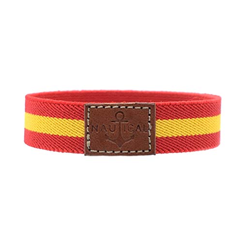 BDM Stoffarmband für Damen und Herren mit der Flagge Spaniens. Elastisches nautisches Schildarmband mit einem Stück Leder. von BDM