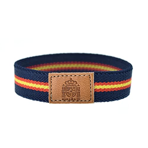 BDM Stoffarmband für Damen und Herren mit der Flagge Spaniens. Spanien Schildarmband elastisch und mit einem Stück Leder. von BDM