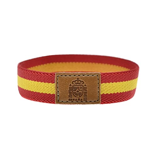 BDM Stoffarmband für Damen und Herren mit der Flagge Spaniens. Spanien Schildarmband elastisch und mit einem Stück Leder. von BDM