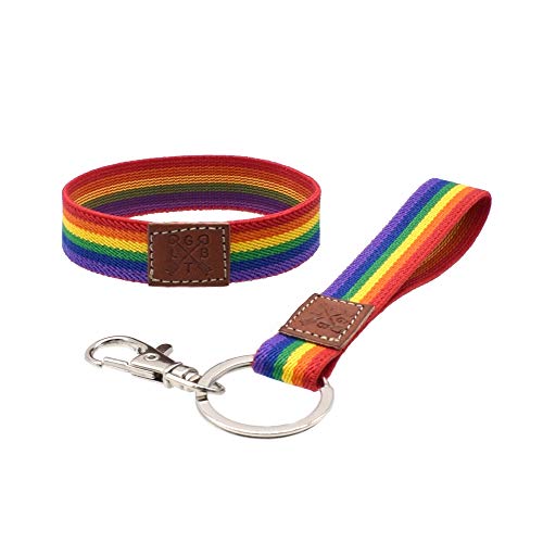 BDM Stoffarmband und Schlüsselanhänger mit der LGTBI-Flagge für Männer und Frauen. Elastisch und mit Silberring. von BDM