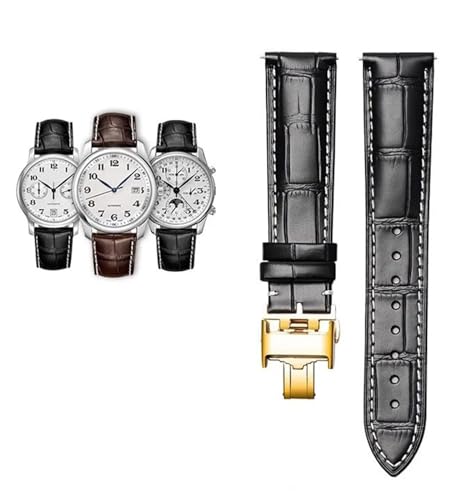 BDNJN 18 19 20 21 22 mm echtes Kalbsleder-Armband für Master L2 L3 L4 L2.628 L2.673 Rindsleder-Uhrenarmband(Black white-gold,20mm) von BDNJN