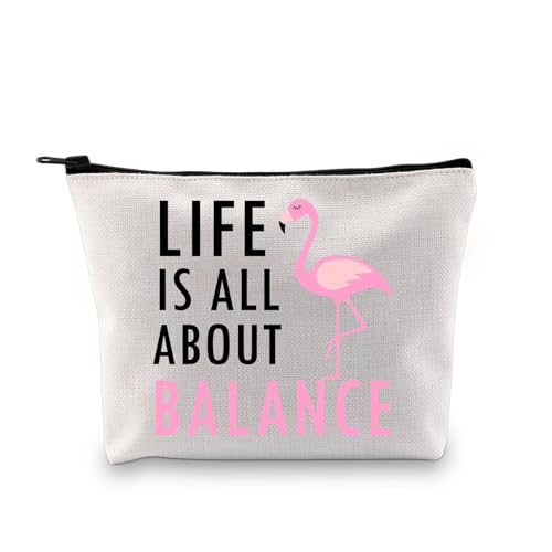 BDPWSS Flamingo-Make-up-Taschen für Frauen, Flamingo-Liebhaber, Geschenk, Flamingo, Yoga, Life Is All About Balance, lustige Flamingo-Kosmetiktasche, balance flamingo tasche von BDPWSS