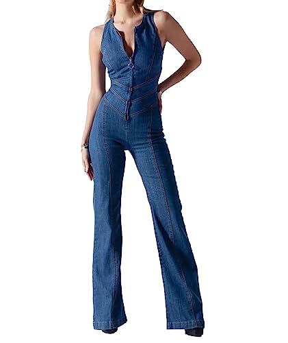 BDSCZW Damen Denim Jumpsuit Front Zip Up Deep V Neck Sexy ärmellose Bell Bottom Pants Strampler(BE,2XL) von BDSCZW