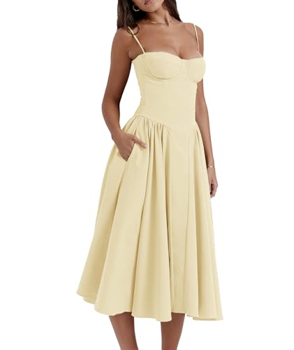 BDSCZW Damen Elegant Kaiserliche Taille Midi Ballkleider A-Linie Neckholder Spaghetti Kleider Prinzessin Brautjungfer Kleid mit Taschen(YE,S) von BDSCZW