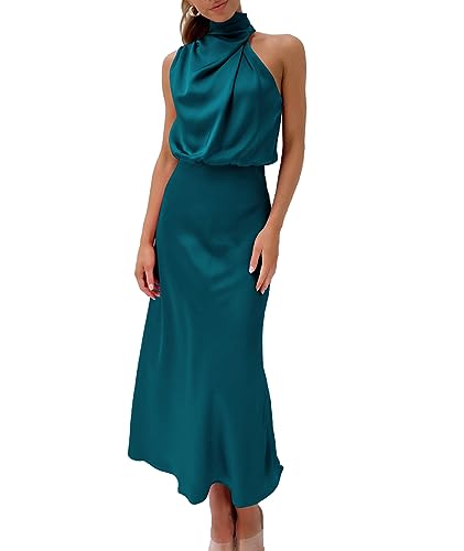 BDSCZW Damen Elegant Satin Kleid Ärmellos Hohe Taille Hochzeit Formal Hochzeitsgast Cocktailkleid Ballkleider Partykleid Midikleider(HB,L) von BDSCZW
