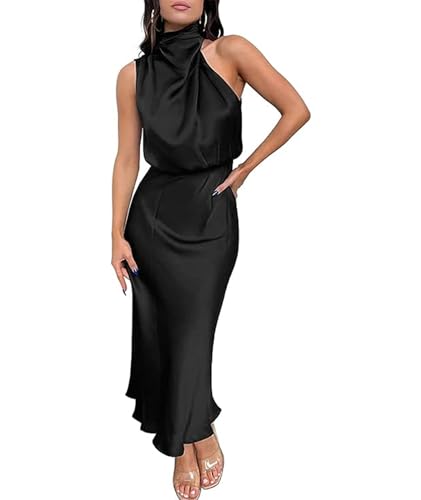 BDSCZW Damen Elegant Satin Kleid Ärmellos Hohe Taille Hochzeit Formal Hochzeitsgast Cocktailkleid Ballkleider Partykleid Midikleider(HS,L) von BDSCZW