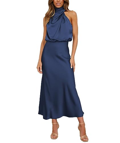 BDSCZW Damen Elegant Satin Kleid Ärmellos Hohe Taille Hochzeit Formal Hochzeitsgast Cocktailkleid Ballkleider Partykleid Midikleider(NA,S) von BDSCZW