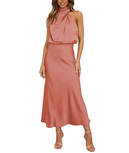 BDSCZW Damen Elegant Satin Kleid Ärmellos Hohe Taille Hochzeit Formal Hochzeitsgast Cocktailkleid Ballkleider Partykleid Midikleider(PI,S) von BDSCZW