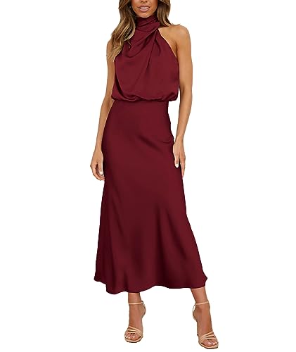 BDSCZW Damen Elegant Satin Kleid Ärmellos Hohe Taille Hochzeit Formal Hochzeitsgast Cocktailkleid Ballkleider Partykleid Midikleider(WR,S) von BDSCZW