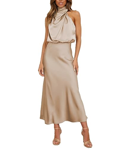 BDSCZW Damen Elegant Satin Kleid Ärmellos Hohe Taille Hochzeit Formal Hochzeitsgast Cocktailkleid Ballkleider Partykleid Midikleider(XS,M) von BDSCZW