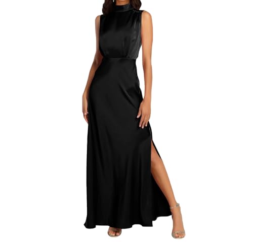 BDSCZW Damen Elegant Satin Kleid Ärmellos Hohe Taille Split Formal Hochzeitsgast Cocktailkleid Ballkleider Partykleid Midikleider(HS,XL) von BDSCZW