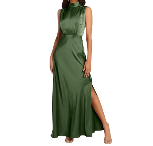 BDSCZW Damen Elegant Satin Kleid Ärmellos Hohe Taille Split Formal Hochzeitsgast Cocktailkleid Ballkleider Partykleid Midikleider(JL,2XL) von BDSCZW
