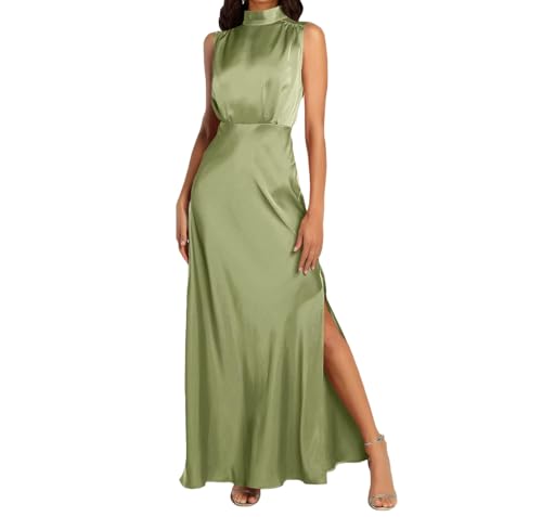 BDSCZW Damen Elegant Satin Kleid Ärmellos Hohe Taille Split Formal Hochzeitsgast Cocktailkleid Ballkleider Partykleid Midikleider(QL,M) von BDSCZW