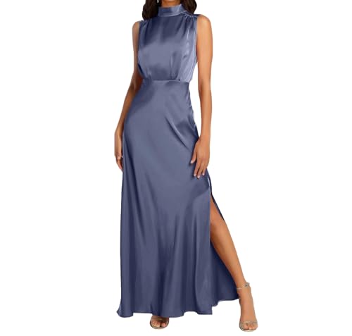 BDSCZW Damen Elegant Satin Kleid Ärmellos Hohe Taille Split Formal Hochzeitsgast Cocktailkleid Ballkleider Partykleid Midikleider(ZQ,M) von BDSCZW