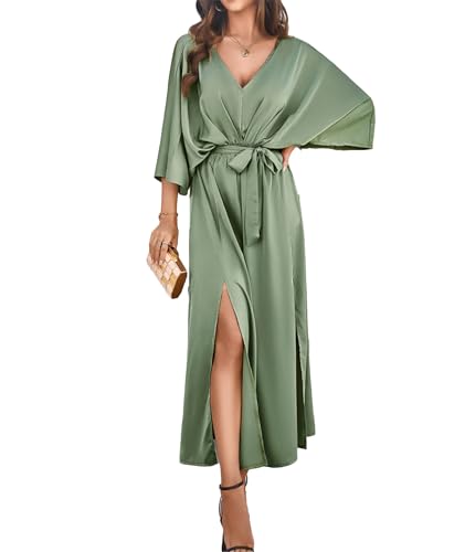 BDSCZW Damen Satin Fledermaus Ärmel Cocktail Abend A Linie Langes Kleid V-Ausschnitt Rüschen Lose Maxikleid(LV,M) von BDSCZW