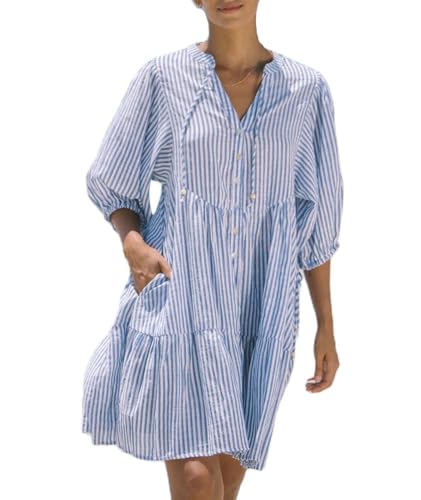 BDSCZW Damen Sommer gestreiftes Midi Shirt Kleid Button Down Halber Ärmel Tiered Boho Beach Tunika Babydoll Kleid(BE,L) von BDSCZW