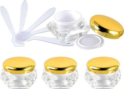 Reiseflaschen für Toilettenartikel， 4 Stück, leerer 10 ml transparenter Acryl-Kosmetikbehälter in Diamantform, Gesichtscreme-Lotion-Gläser, Topf mit rosa Deckel + 4 x Löffel von BDSHGRDH