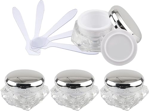 Reiseflaschen für Toilettenartikel， 4 Stück, leerer 10 ml transparenter Acryl-Kosmetikbehälter in Diamantform, Gesichtscreme-Lotion-Gläser, Topf mit rosa Deckel + 4 x Löffel von BDSHGRDH