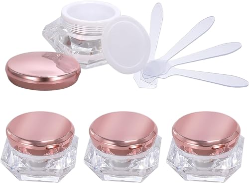 Reiseflaschen für Toilettenartikel， 4 Stück, leerer 10 ml transparenter Acryl-Kosmetikbehälter in Diamantform, Gesichtscreme-Lotion-Gläser, Topf mit rosa Deckel + 4 x Löffel von BDSHGRDH