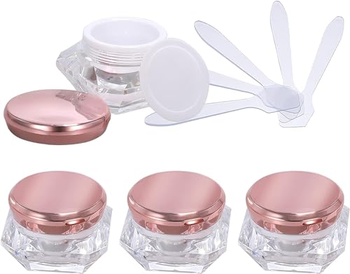 Reiseflaschen für Toilettenartikel， 4 Stück, leerer 10 ml transparenter Acryl-Kosmetikbehälter in Diamantform, Gesichtscreme-Lotion-Gläser, Topf mit rosa Deckel + 4 x Löffel von BDSHGRDH