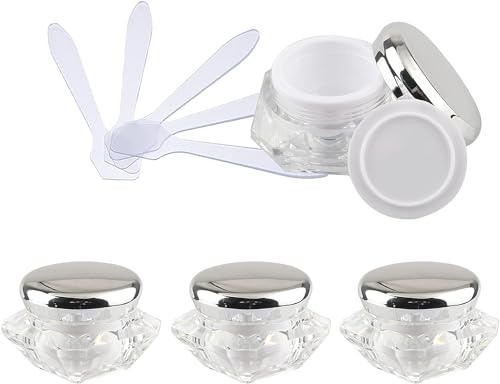 Reiseflaschen für Toilettenartikel， 4 Stück, leerer 10 ml transparenter Acryl-Kosmetikbehälter in Diamantform, Gesichtscreme-Lotion-Gläser, Topf mit rosa Deckel + 4 x Löffel von BDSHGRDH
