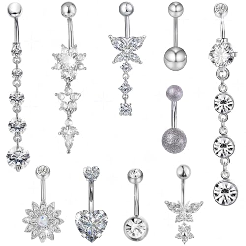 BDSHUNBF 10er Set Bauchnabelpiercing Schwangerschaft, Schmetterling Herz Blume Anhänger Piercing Schmuck Damen, Belly Piercing Set von BDSHUNBF