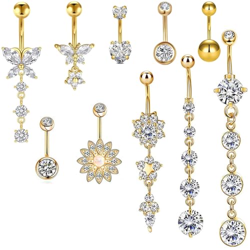 BDSHUNBF 10stk Bauchnabelpiercing Schwangerschaft, Bauchnabel Schmetterling Herz Blume Anhänger Schmuck Damen, Belly Piercing Set, Gold von BDSHUNBF