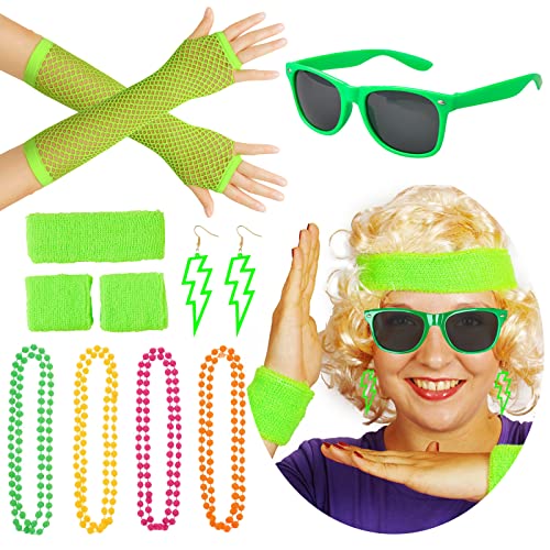 BDSHUNBF 12 Stück 80er Jahre Outfit Accessoires Set, 80er Jahre Damen Kostüm Accessoires Neon, Stirnband, Halskette, Armband, Ohrring, Netzhandschuhe,für Karneval, Thema Party Damen Mädchen von BDSHUNBF