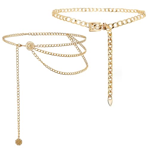 BDSHUNBF 2 Pcs Mehrschichtiger Taillenkettengürtel Damen, Kettengürtel Taillenkette, Gürtel Gold Mehrschichtiger Verstellbarer Taillen, Damen Gürtel Mode Taillengürtel Dünne Taille Gürtel Rockgürtel von BDSHUNBF