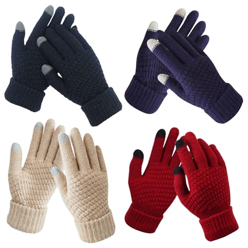 BDSHUNBF 4 Paar Touchscreen Handschuhe Damen Winter, Winterhandschuhe Warm Gefüttert Strickhandschuhe Elastische Manschette Winter Texting Handschuhe, Fingerhandschuhe rutschfest (4, 4, M) von BDSHUNBF