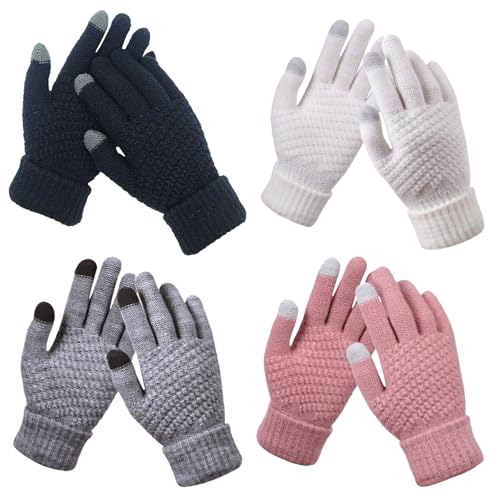 BDSHUNBF 4 Paar Touchscreen Handschuhe Damen Winter, Winterhandschuhe Warm Gefüttert Strickhandschuhe Elastische Manschette Winter Texting Handschuhe, Fingerhandschuhe rutschfest (4, 4 Farben, M) von BDSHUNBF
