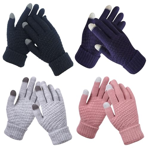 BDSHUNBF 4 Paar Touchscreen Handschuhe Damen Winter, Winterhandschuhe Warm Gefüttert Strickhandschuhe Elastische Manschette Winter Texting Handschuhe, Fingerhandschuhe rutschfest (4, bunt, M) von BDSHUNBF