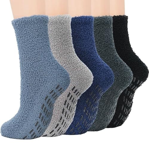 BDSHUNBF 5 Paar Kuschelsocken Herren Warme Stoppersocken mit Noppen für Männer Flauschige Haussocken Winter Dicke Cozy Socken Bettsocken Antirutschsocken Herren Plüschsocken Schlafsocken Fluffy Socks von BDSHUNBF
