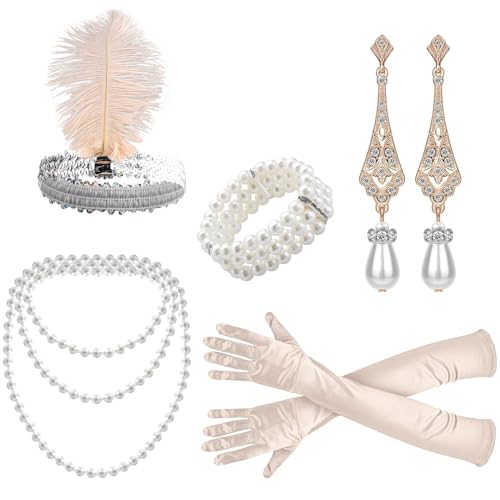 BDSHUNBF 5 Teiliges 20er Jahre Accessoires, 1920er Jahre Zubehör Set, 1920s Flapper Great Gatsby Accessoires, Charleston Kostüm 1920 Zubehör-Set, Stirnband Handschuhen Halskette Ohrringen für Fraue von BDSHUNBF