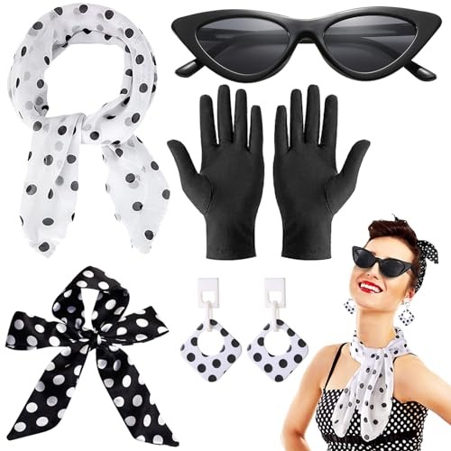 BDSHUNBF 50er Jahre Damen Accessoires, Rockabilly Accessoires 50er Jahre Damen Kleid Zubehör, 1950s Kostüm Set, mit Chiffon Schal Polka Dot Bandana Katzen Auge Brille, für Retro Teily Party von BDSHUNBF