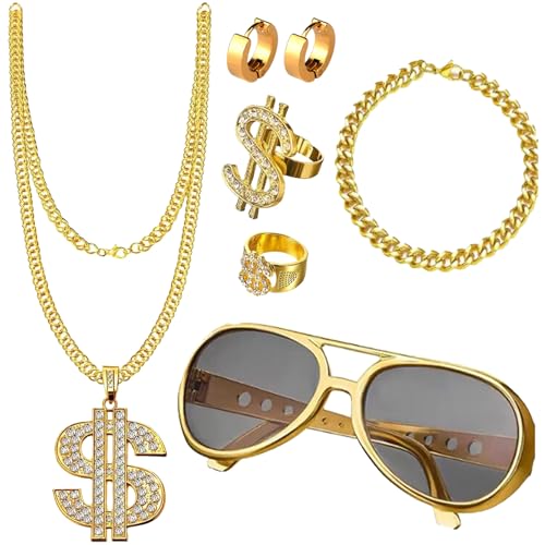 BDSHUNBF 7 Stück Hip Hop Kostüm Set, 80er 90er Jahre Outfit Herrenm, Rapper Accessoires für Männer Zuhälter Kostüm Set, Halskette Dollar Ring Goldkette Armband für Herren Verkleidung Set Party von BDSHUNBF