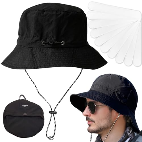 BDSHUNBF Sonnenhut Herren Damen, mit Anti-Schmutz-Aufkleber, UV Schutz Safari Sommerhut Bucket Hat, Faltbar Outdoor Safari Hut, Breite Krempe Wanderhut, Boonie hat für Gartenarbeit Wandern(Schwarz) von BDSHUNBF