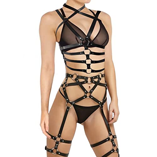 KlettverschlussDamen Punk 2 Teiliges Dessous Set, Gothic Bodysuit mit Brustgurte Cupless Lingerie + Leder Gürtel Harness,Verstellbarer Strumpfband Schultergurt Cosplay Fetisch sexy kleidung Babydoll von BDSMAGE