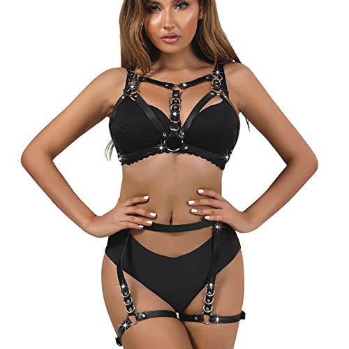 Sexy Geschirr Damen, Body Set, Brust & Bien Gürtel, Punk Leder Gothic Bodysuit Fetisch Riemen Sklave Dessous Schmuck Strumpfband Sexy Kleidung erotisch Dessous Kostüme Accessories Clubwear (MF138) von BDSMJOY