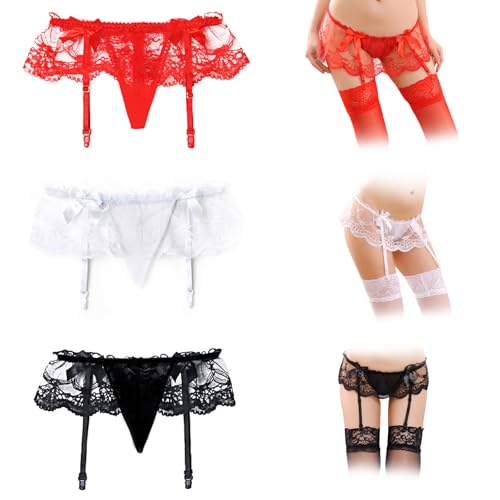 BDSMYEE Strumpfgürtel Damen 3 Set,Strumpfhalter mit Tanga,Sexy Spitze Wetlook Strumpfgürtel Strumpfband Strapsen Dessous Set Strapshalter Strapsgürtel (Schwarz+Rot+Weiß) von BDSMYEE