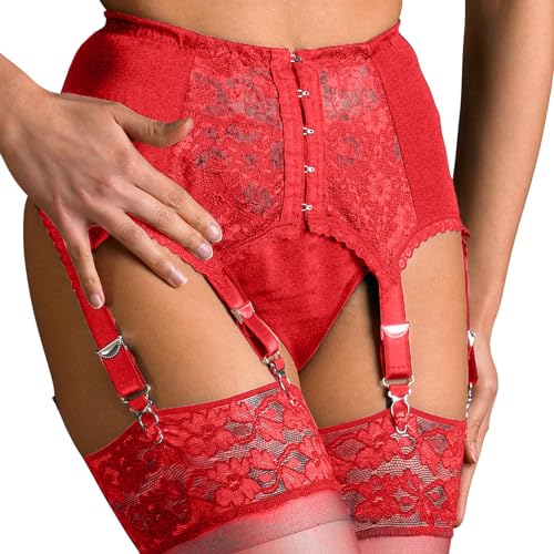 BDSMYEE Strumpfgürtel Damen mit 6 Halter,Sexy Spitze Wetlook Strumpfgürtel Strumpfhalter Strumpfband Strapsen Dessous Set Strapshalter mit Metallclips (Rot, XXL) von BDSMYEE
