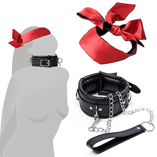 BDSMYEE SM Halsband mit Ketten, Leder Halsfessel mit Satin Augenmaske, BDSM Set Slave Halsband Bondage Einstellbar Lederhalsband, Erotik Fetisch Sexspielzeug für Männer Frauen Paare von BDSMYEE