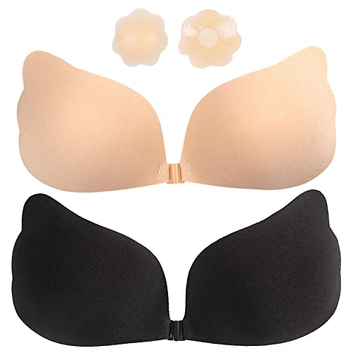 BDSMYOU Klebe BH Push Up Trägerlos Unsichtbar Rückenfrei Mit 1 Paar Nippel Cover, 2 Stück Silikon Wiederverwendbar Ohne Bügel Selbstklebend für Abendkleid (C Cup) von BDSMYOU