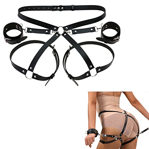 BDSMYOU Punk Harness Damen Leder Fesseln Sex Set mit Handschellen,Gothic Kleidung Damen Bondage Set mit Strumpfband Gürtel,Sexy Dessous Damen für Sex,Sexy Unterwäsche BDSM Spielzeug für Paare von BDSMYOU