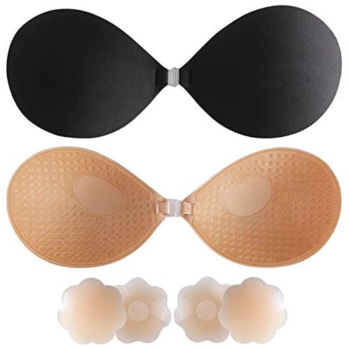 Klebe BH Rückenfrei,Trägerloser BH 2 Stück,mit 2 Paar Silikon Nippelpads,Klebe BH Push Up,Selbstklebender BH & Nippel Cover,Wiederverwendbare Unsichtbarer BH,Hochzeits Rückenfreies Kleid BH (B) von BDSMYOU