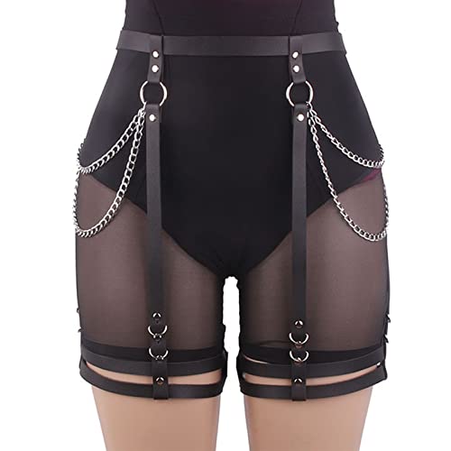 Punk Harness Damen Leder Strumpfband Gürtel mit Hüftketten,Einstellbar Gothic Kleidung Damen Bondage Geschirre,Sexy Taille Bein Käfigbetten mit Bein Kette,BDSM Spielzeug Dessous für Sex Spiele von BDSMYOU