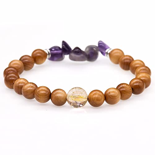 1 x Armband aus natürlichem Holz mit blonden Kristallen und violetten Kristallkies, Mala-Perlen, Armband für Männer und Frauen, Yoga-Schmuckliebhaber, 21 cm von BDSTT