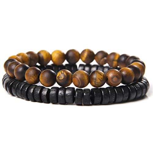 2 Stück mattes natürliches gelbes Tigerauge Lavastein Holz Armband handgefertigt Stein Perlen Armbänder Schmuck für Männer Frauen Homme-2 Tigerauge matt, 19 cm von BDSTT