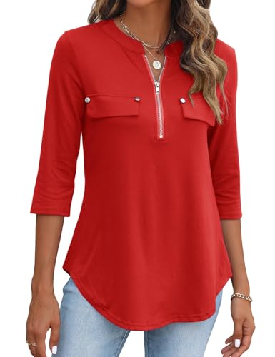 BDTECAOR 3/4 Länge Ärmel Damen Bluse V Ausschnitt Reißverschluss Tunika Casual Herbst Oberteile Rot L von BDTECAOR